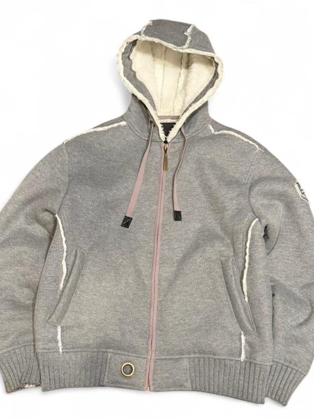 Y2K Projek Raw Distressed Sherpa Lined Padded Patched Zip Up Hoodie
